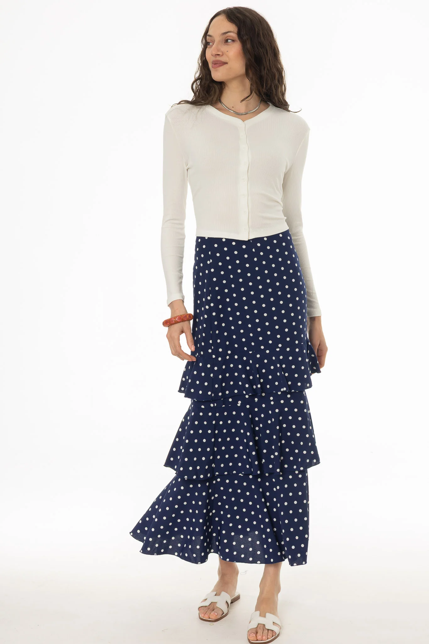 Navy Polka Dot Ruffle Maxi Skirt - Image 5