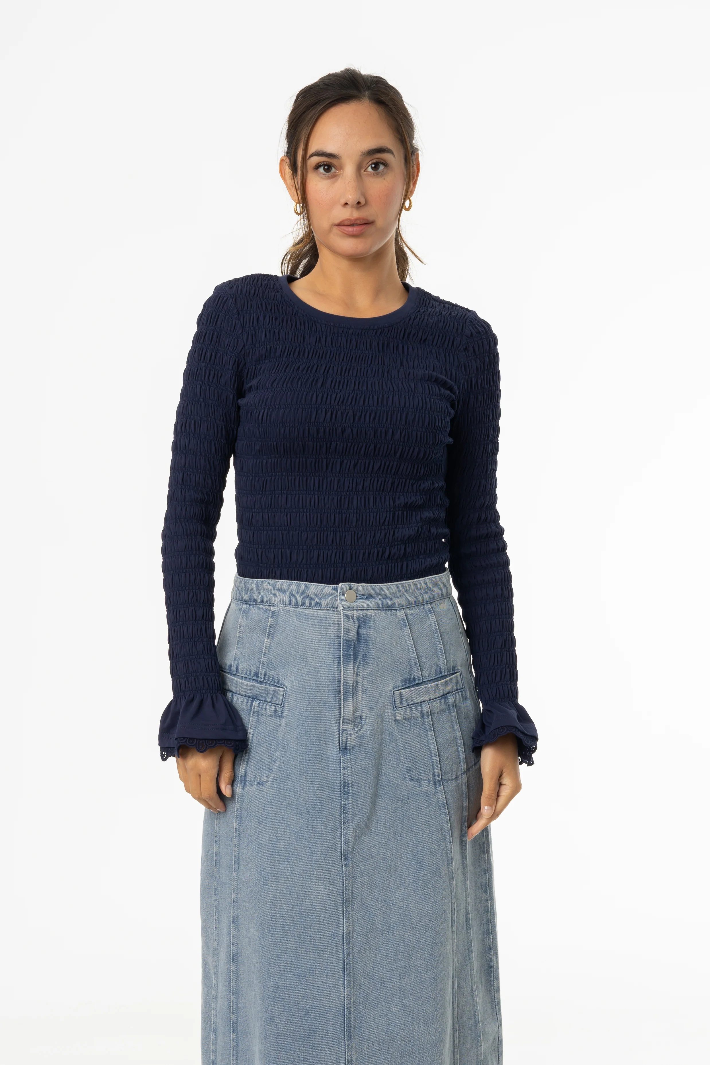 Navy Smocked Ruffle Sleeve T-Shirt - Image 4