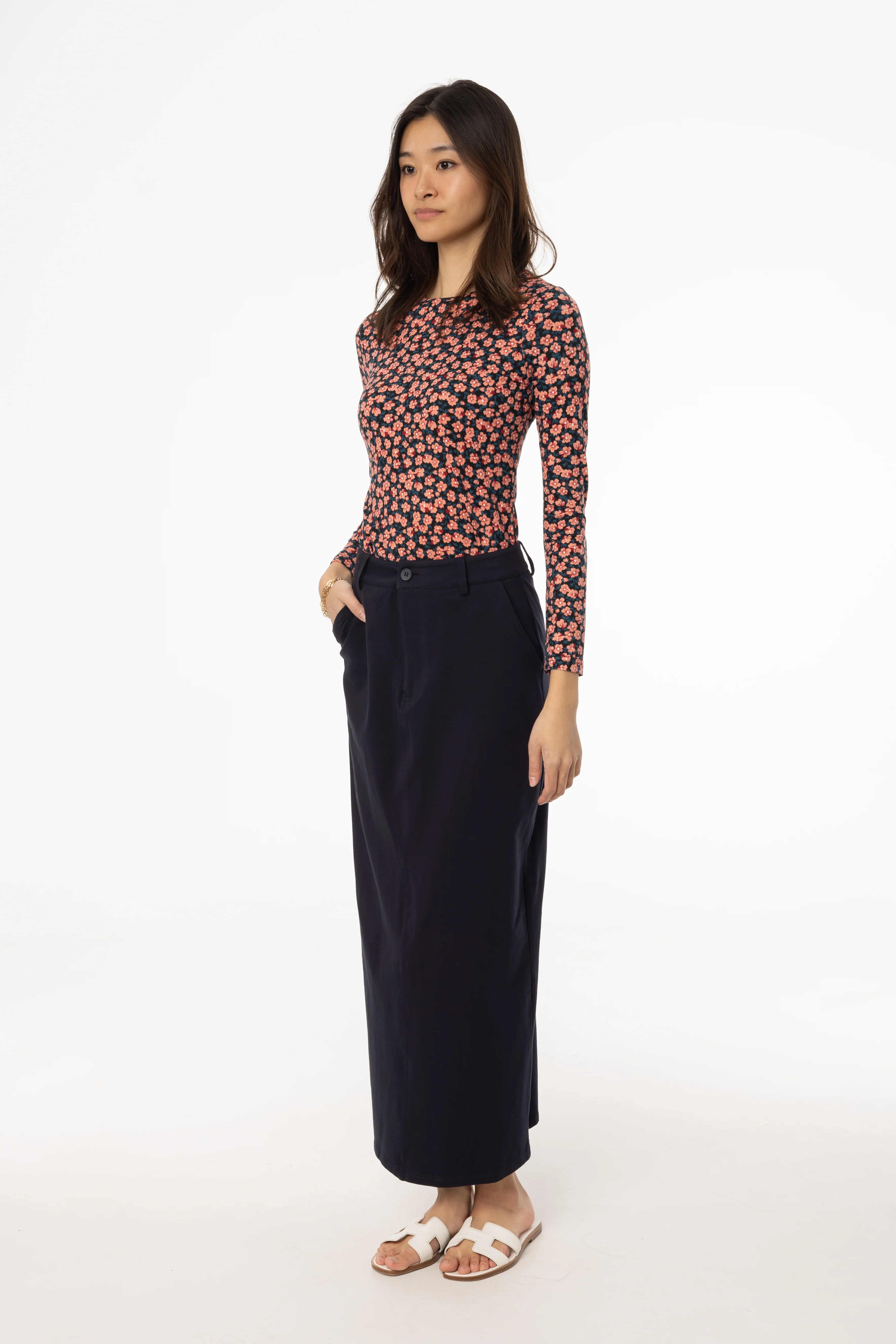 Navy Stretch Cotton Maxi Skirt - Image 2