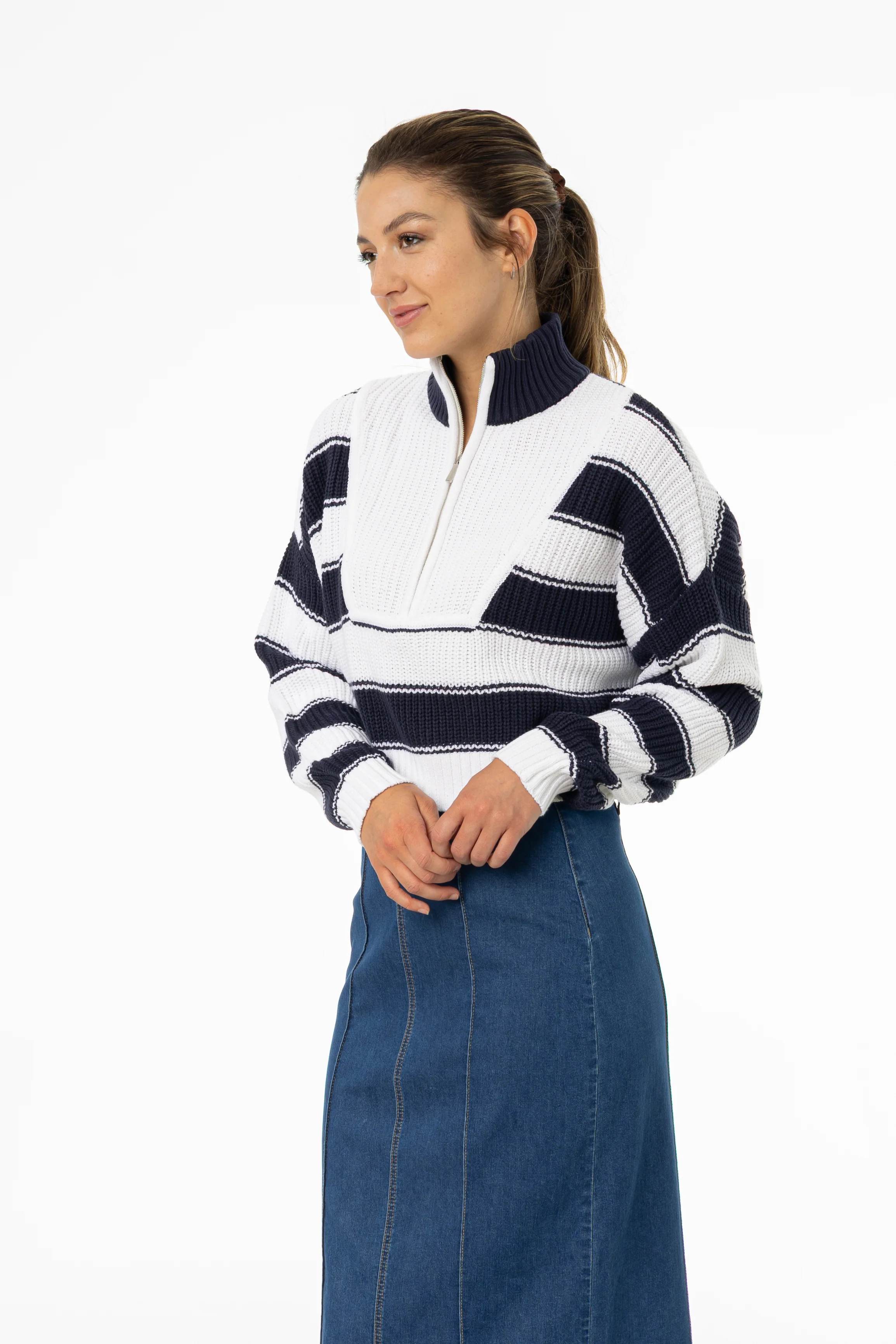 Navy Striped Quarter Zip Sweater Top - Image 3