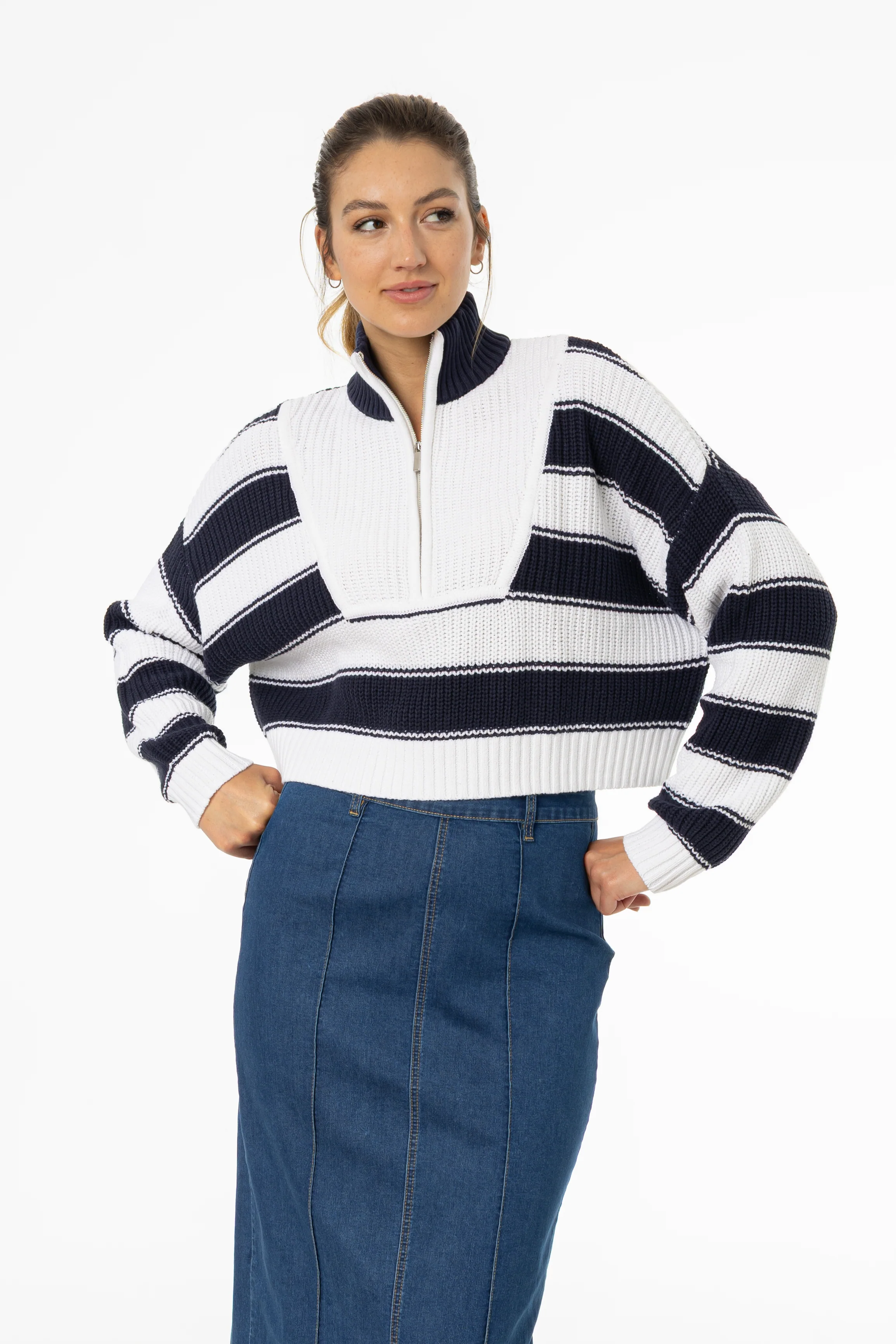 Navy Striped Quarter Zip Sweater Top - Image 5