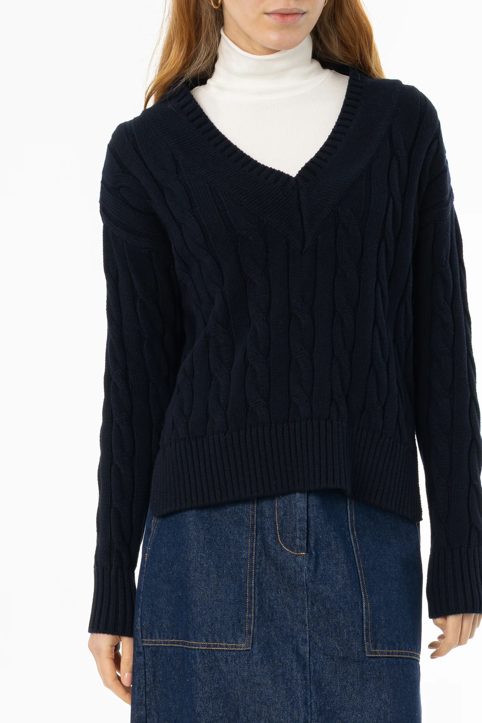 Navy V-Neck Cable Knit Sweater - Image 2