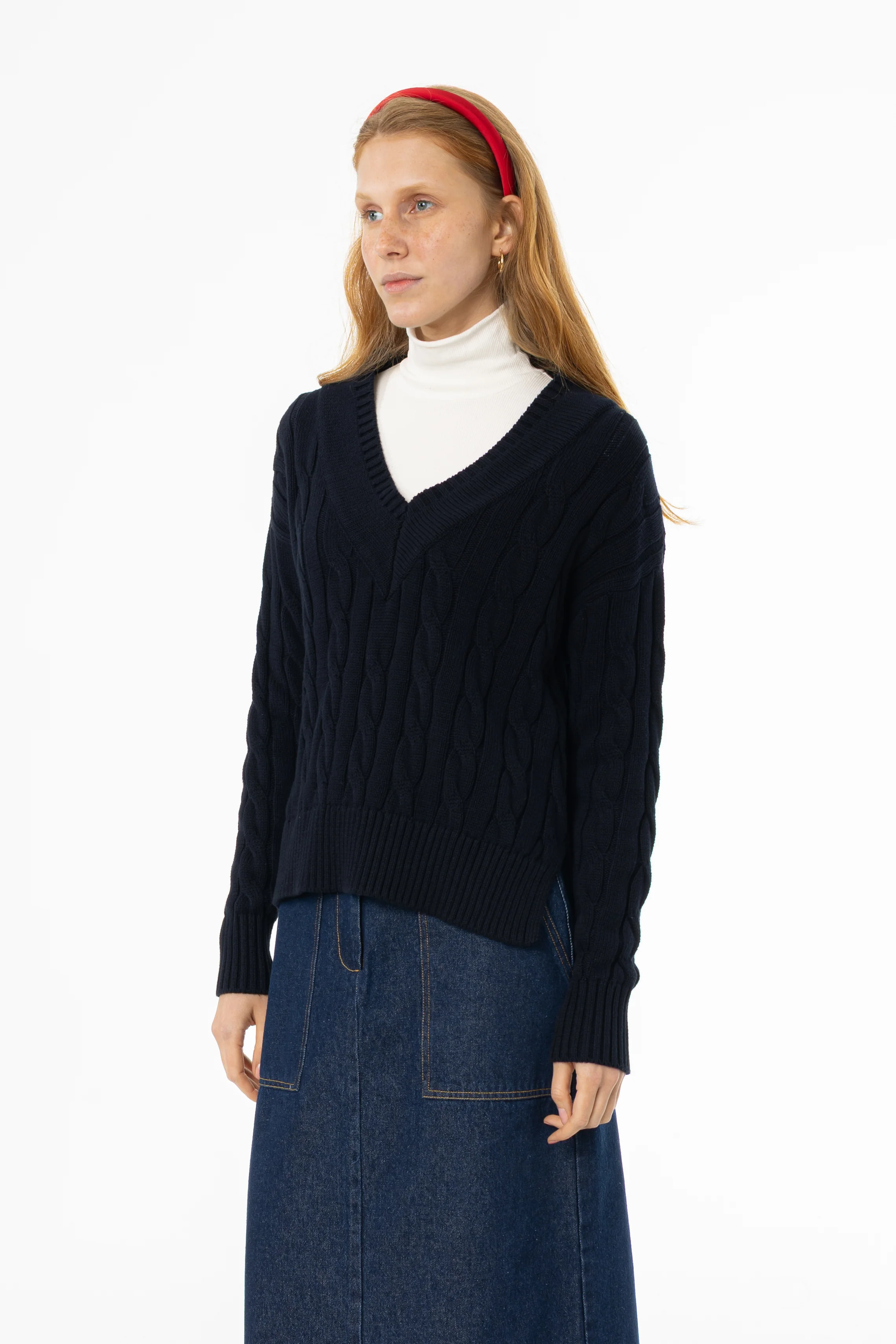 Navy V-Neck Cable Knit Sweater - Image 3