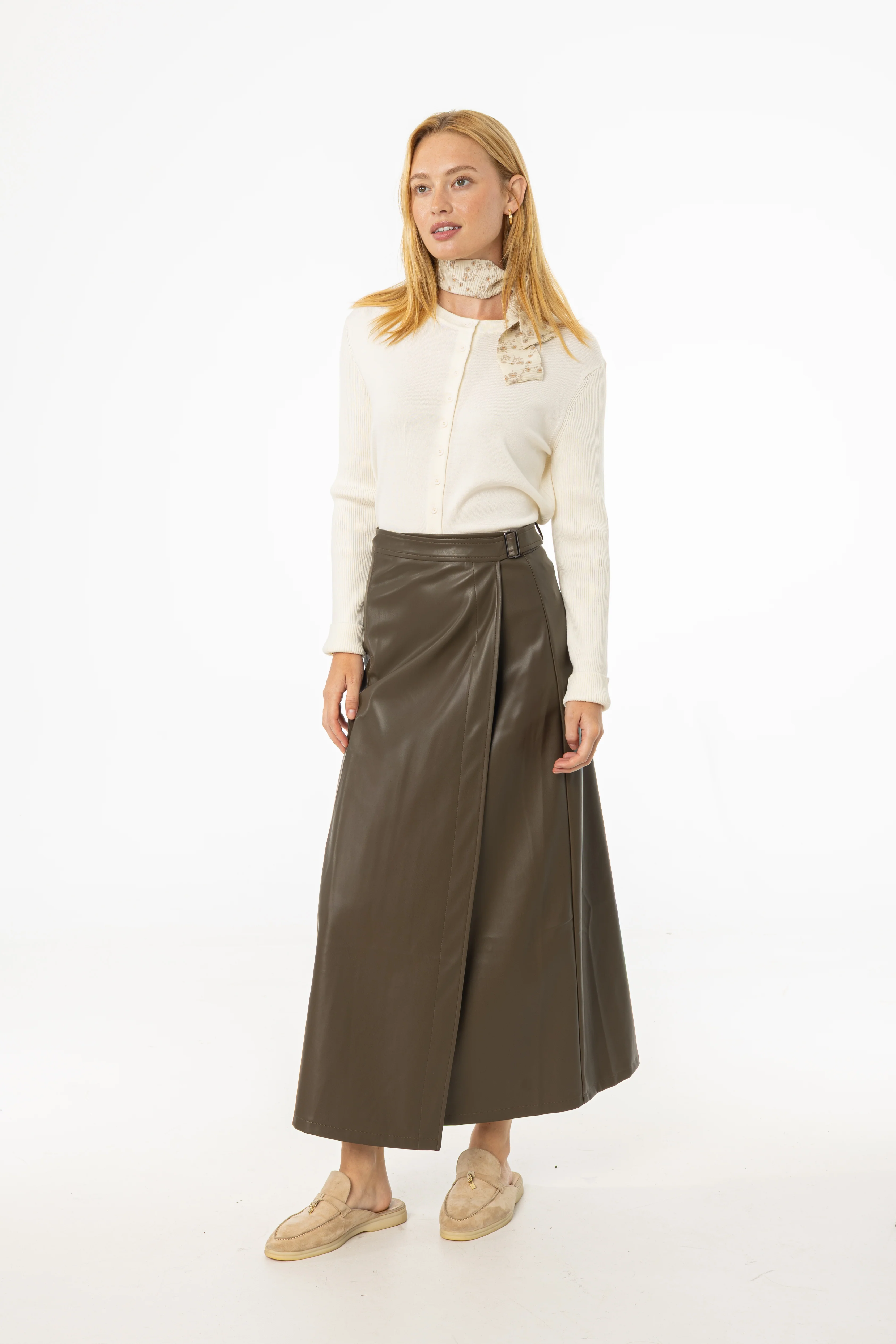 Olive Wrap Vegan Leather Maxi Skirt - Image 2