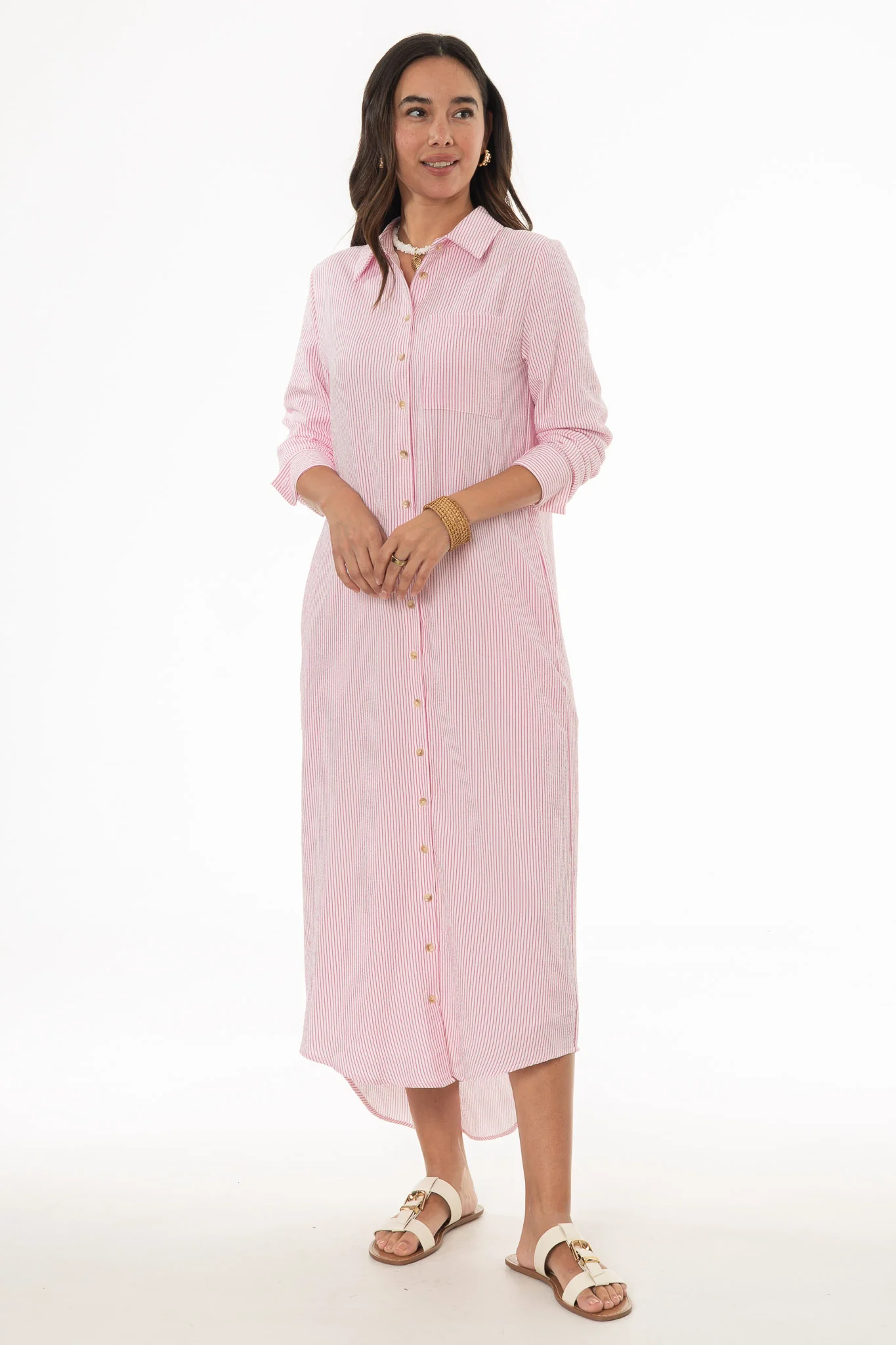 Pink Seersucker Striped Maxi Shirt Dress
