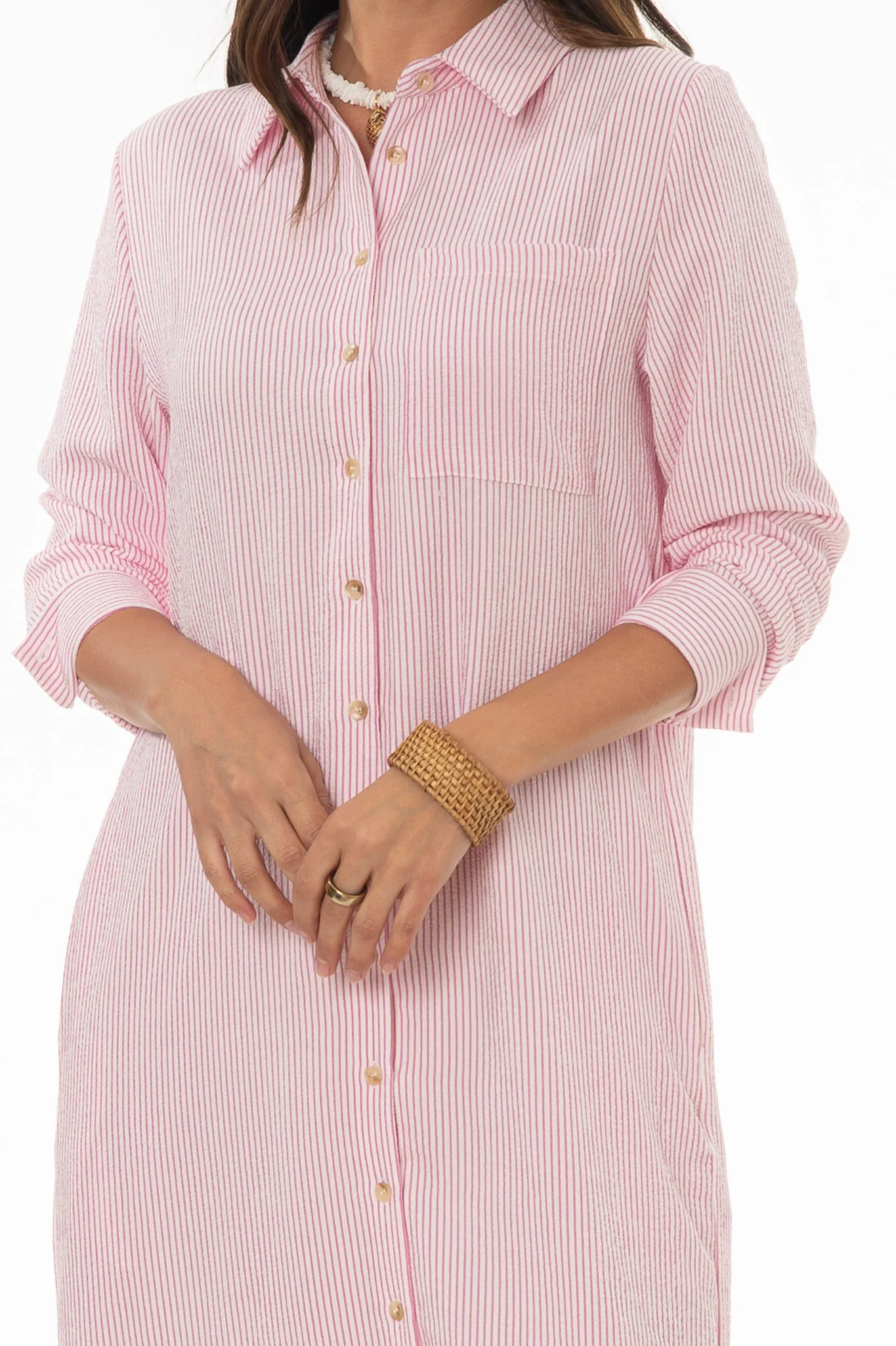 Pink Seersucker Striped Maxi Shirt Dress - Image 2