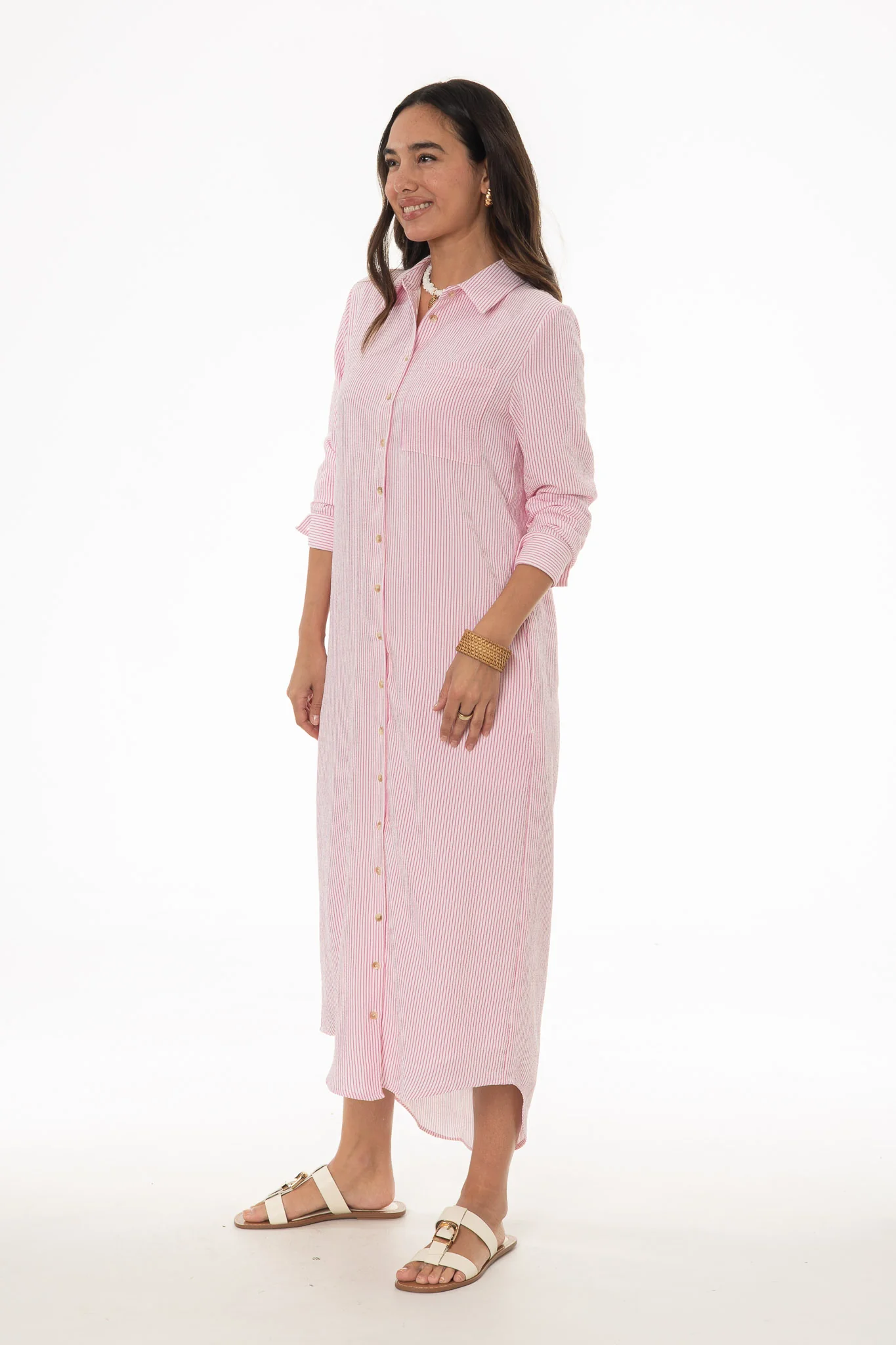 Pink Seersucker Striped Maxi Shirt Dress - Image 3