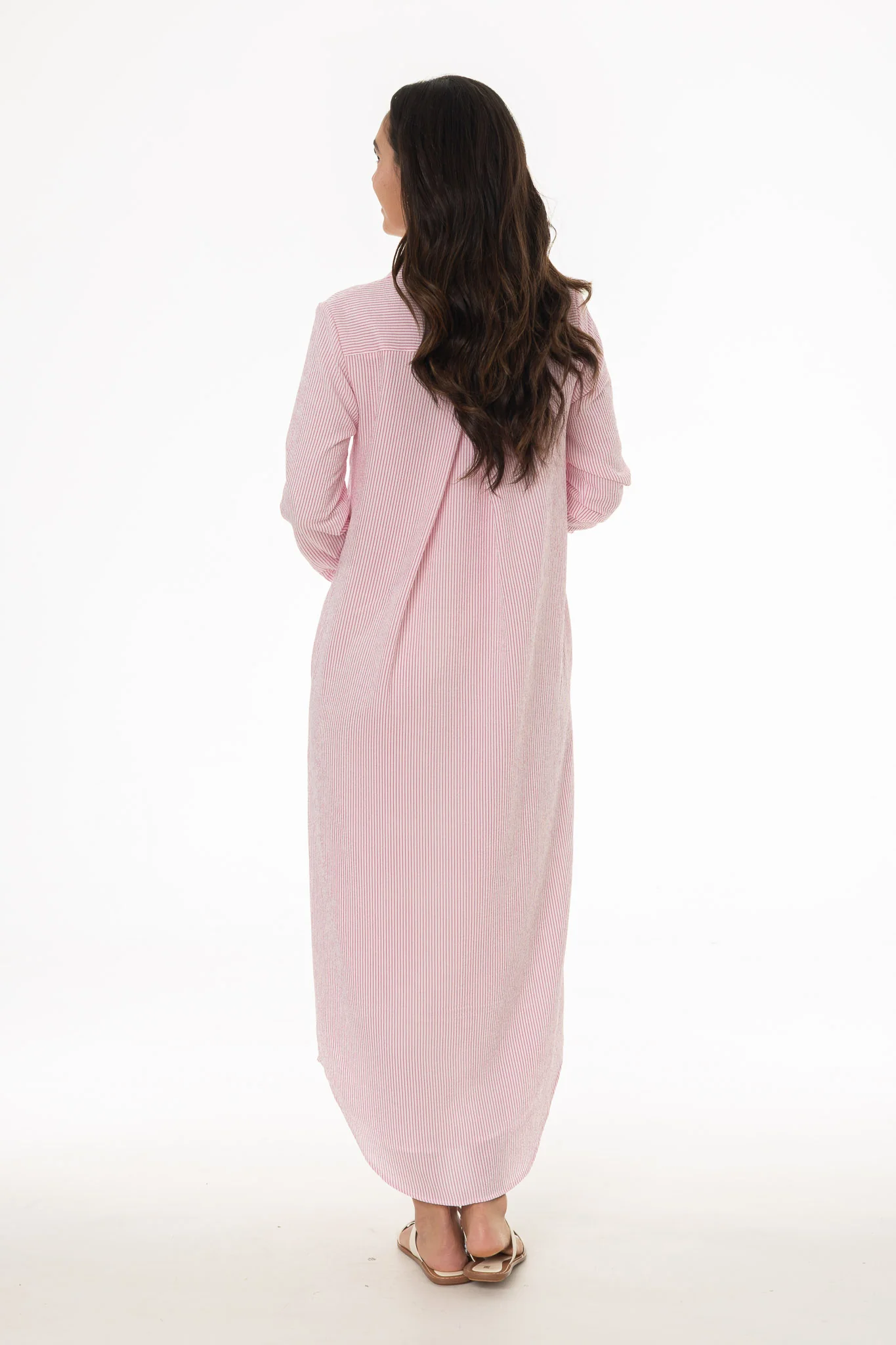 Pink Seersucker Striped Maxi Shirt Dress - Image 4