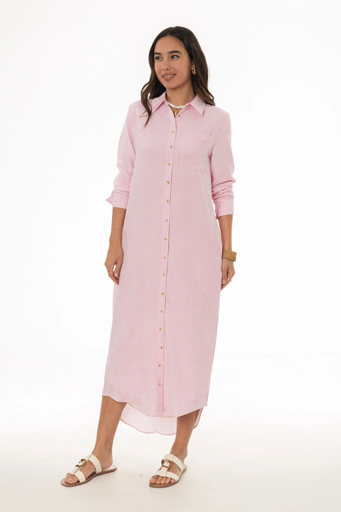 Pink Seersucker Striped Maxi Shirt Dress - Image 5