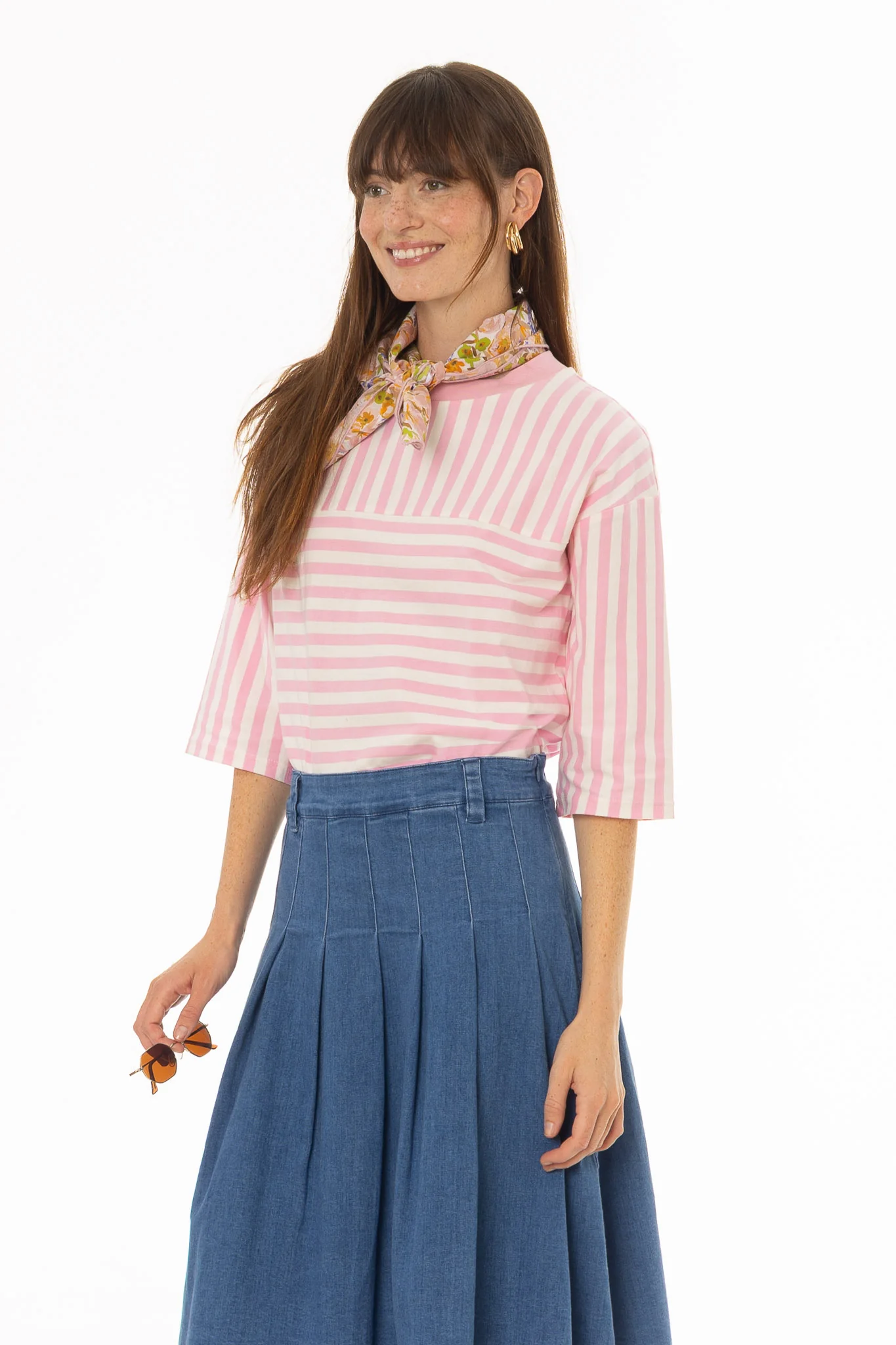 Pink Striped Contrast T-Shirt - Image 4