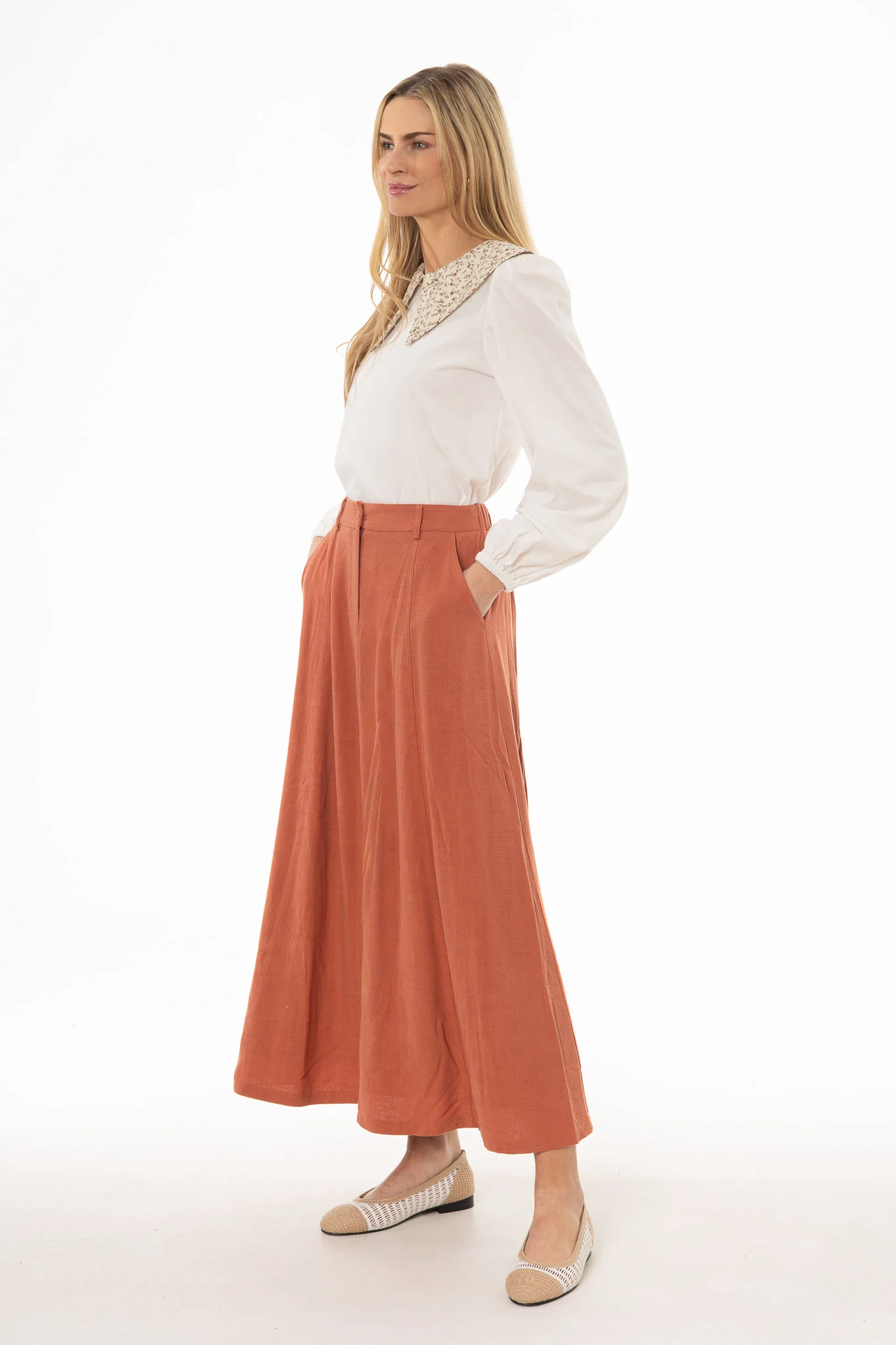 Rust Paneled Linen Feel Maxi Skirt - Image 3