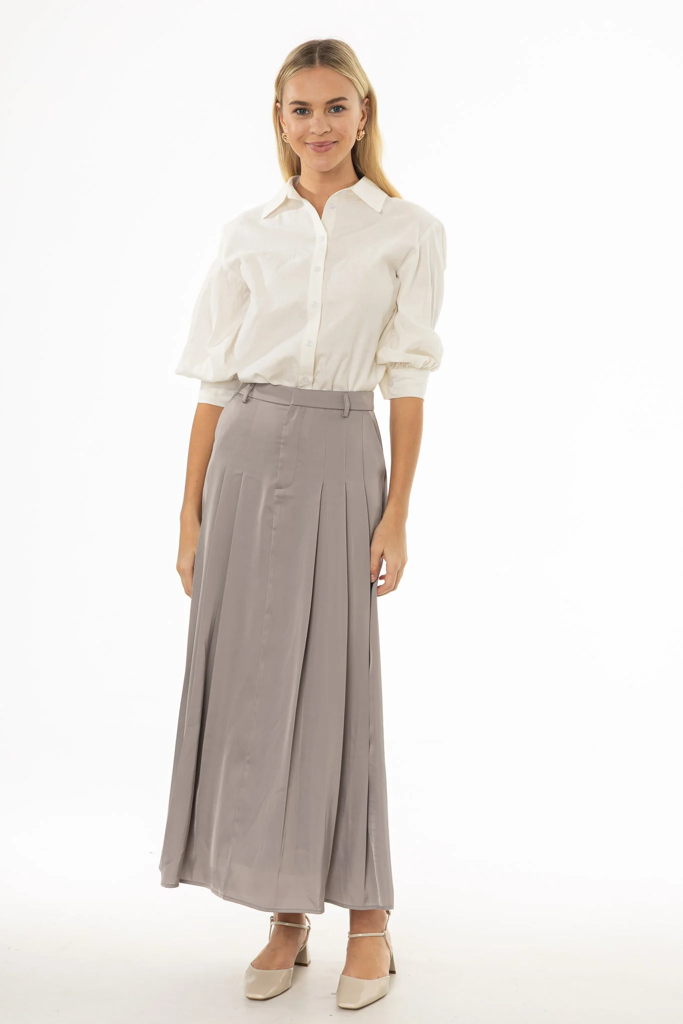 Slate Pleated Satin Maxi Skirt