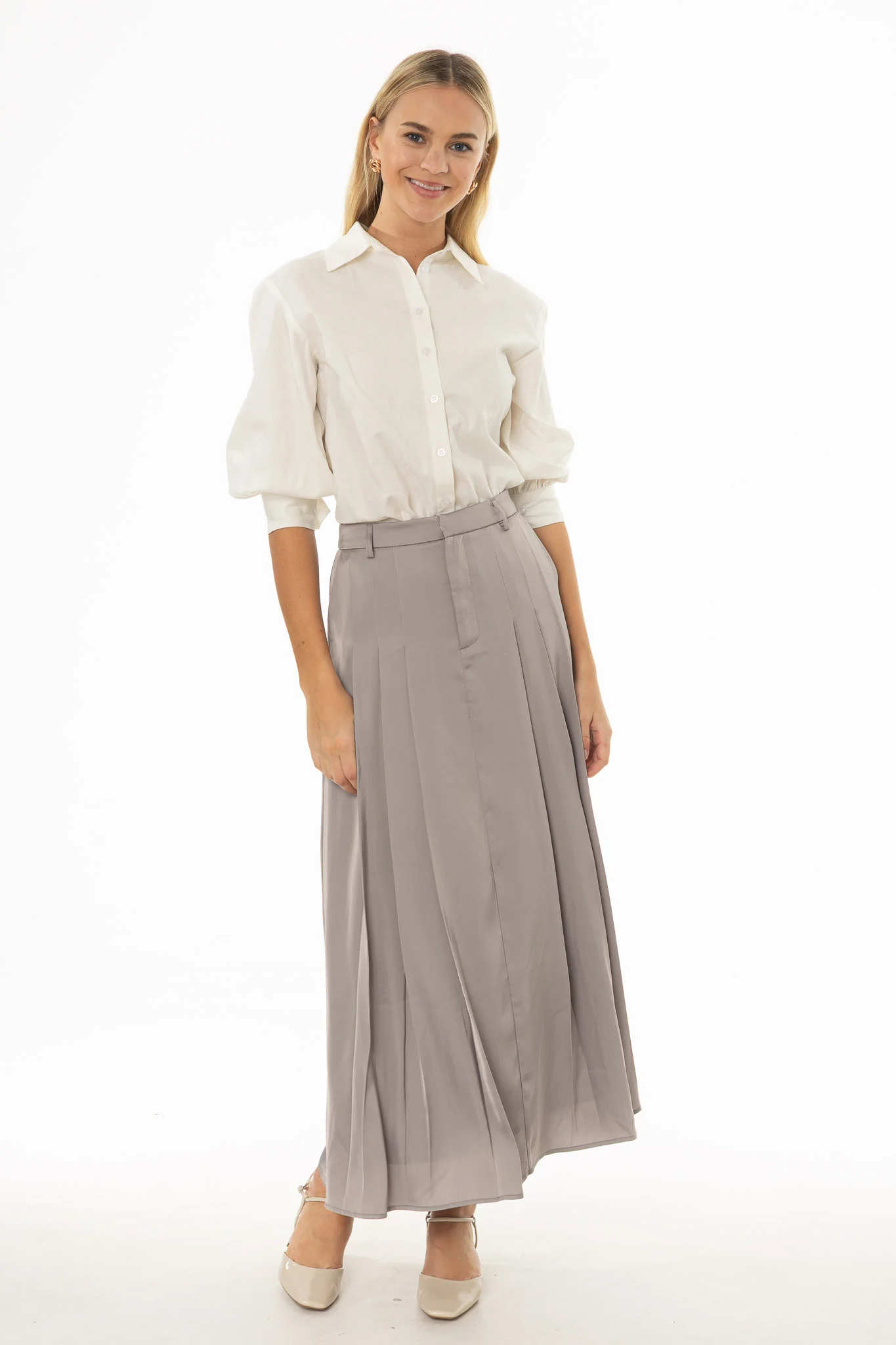 Slate Pleated Satin Maxi Skirt - Image 5