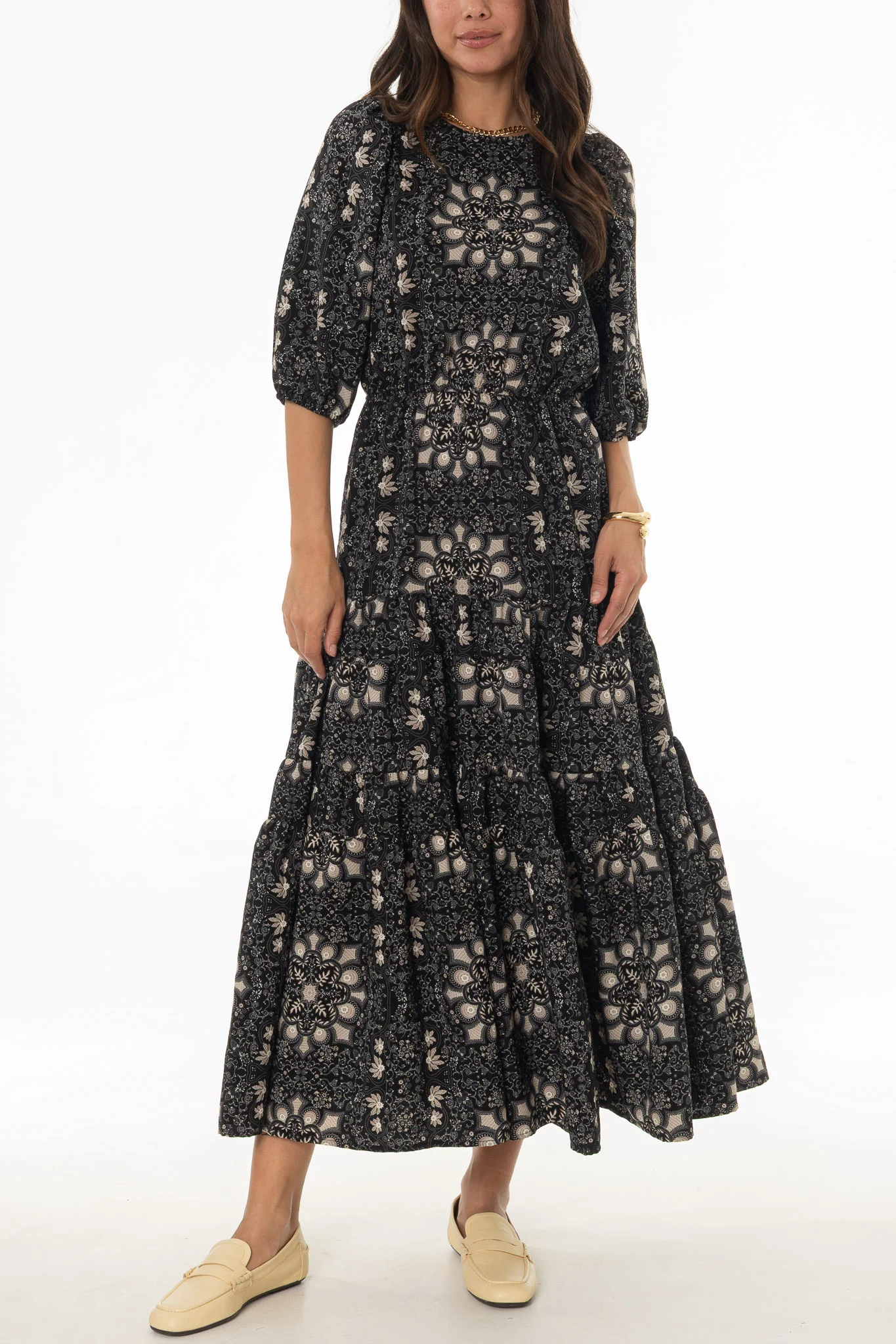 Tan And Black 3/4 Sleeve Waisted Tiered Maxi Dress - Image 2