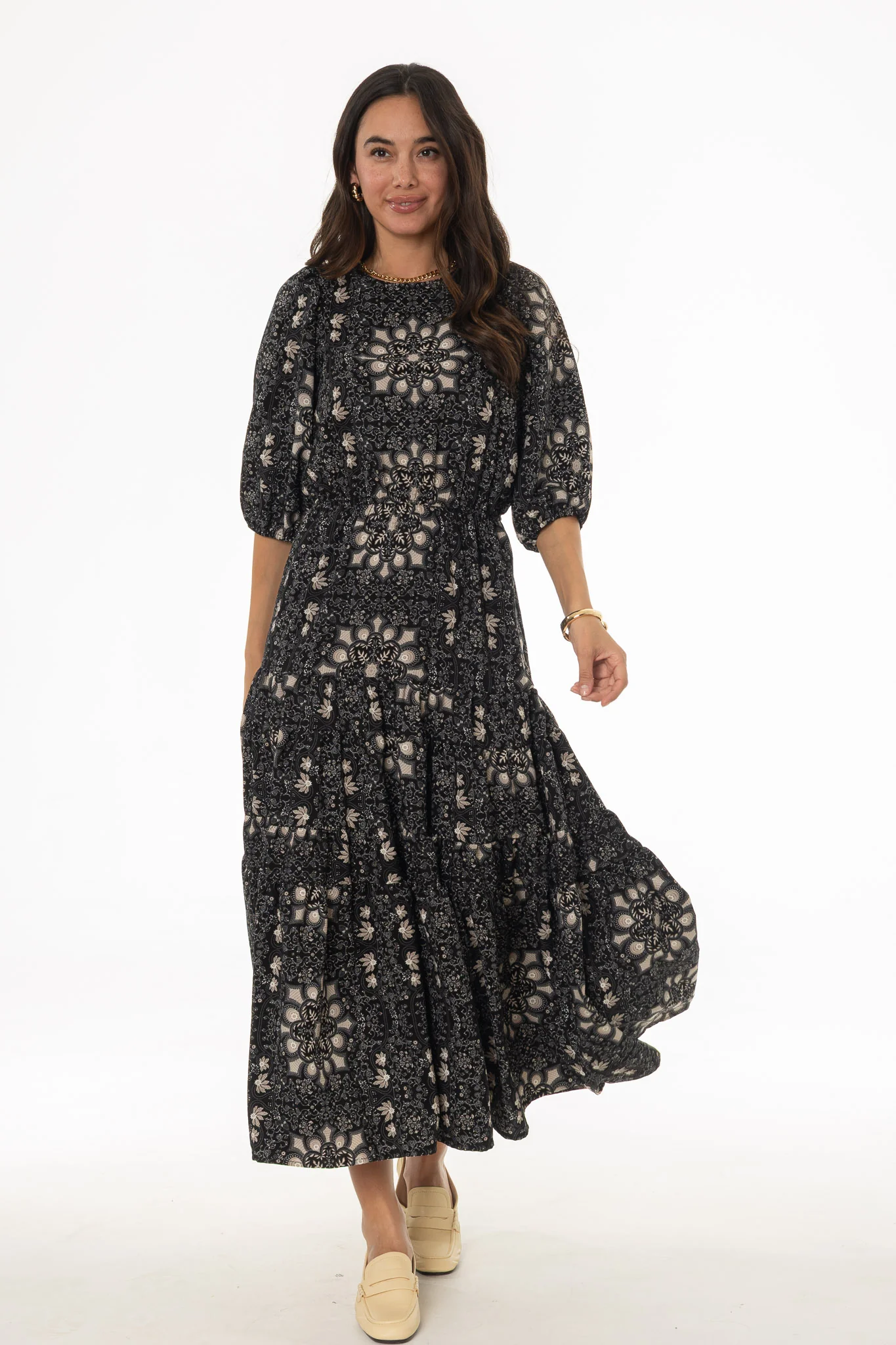 Tan And Black 3/4 Sleeve Waisted Tiered Maxi Dress - Image 5