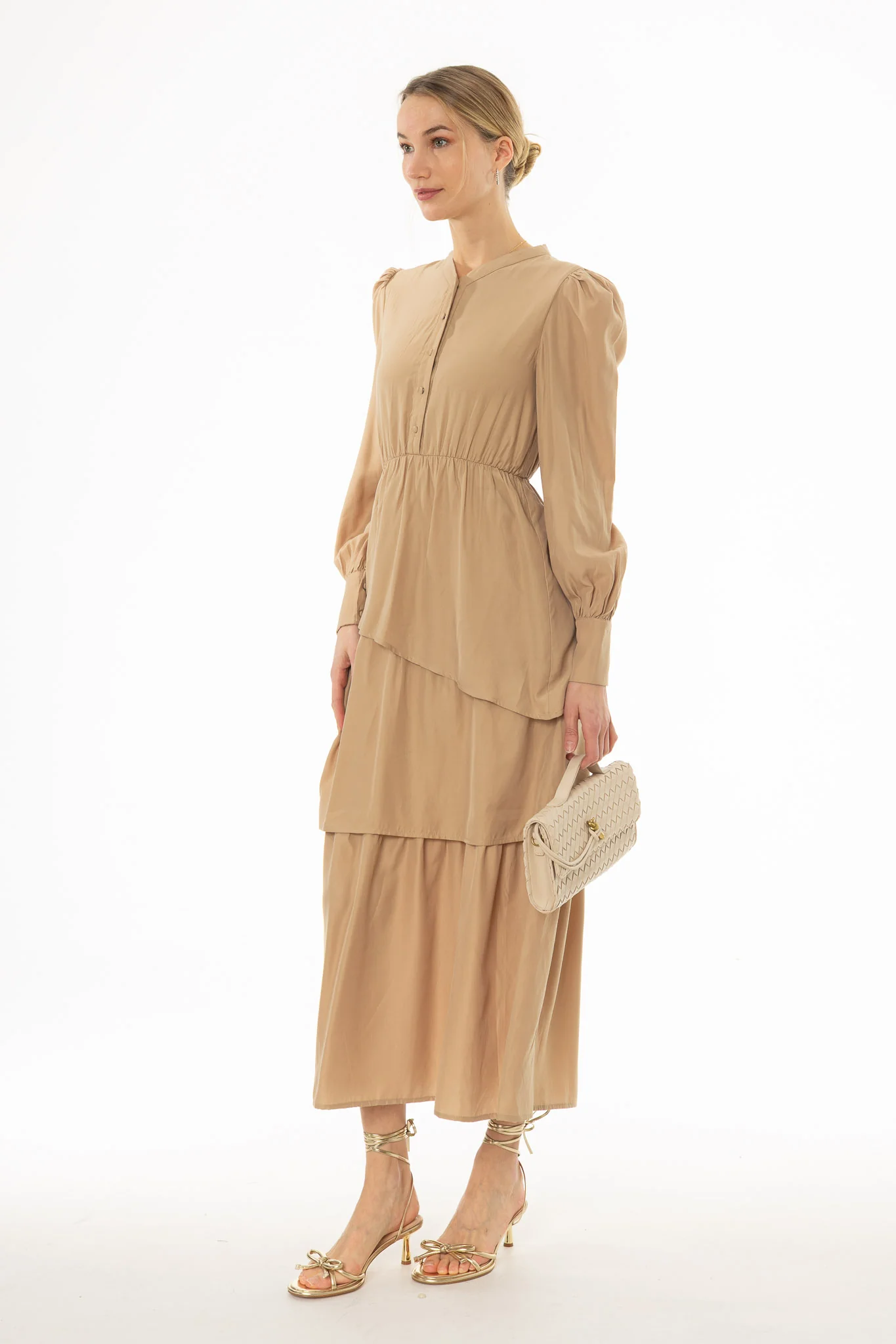Tan Button Ruffle Maxi Dress - Image 3