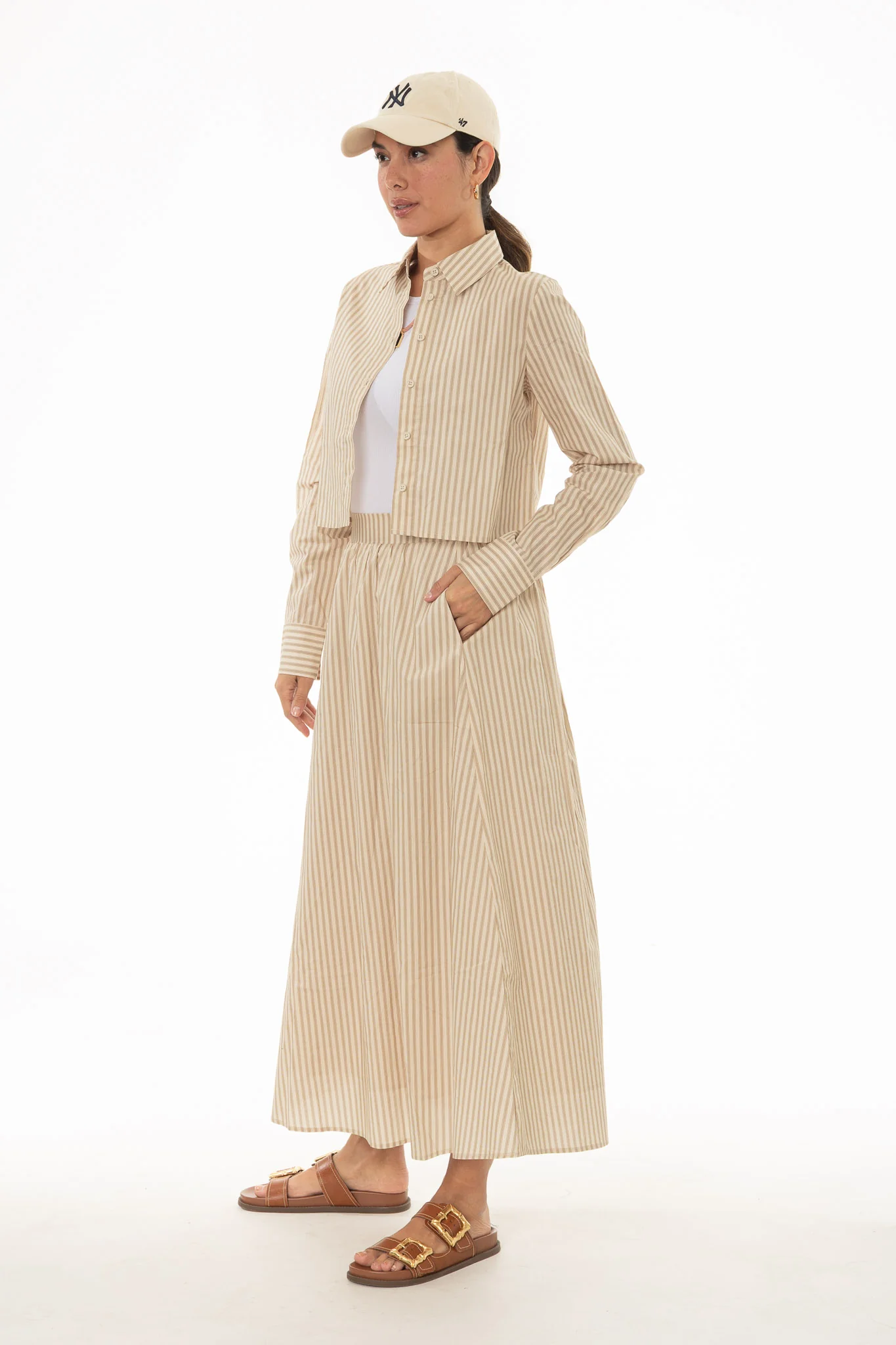 Tan Double Striped Cotton Maxi Skirt - Image 3