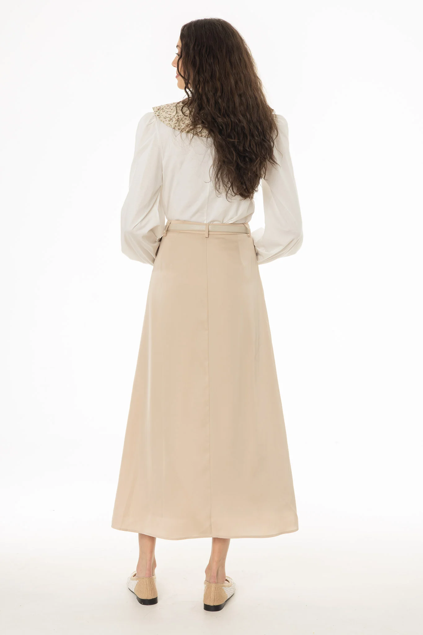 Tan Pleated Satin Maxi Skirt - Image 4