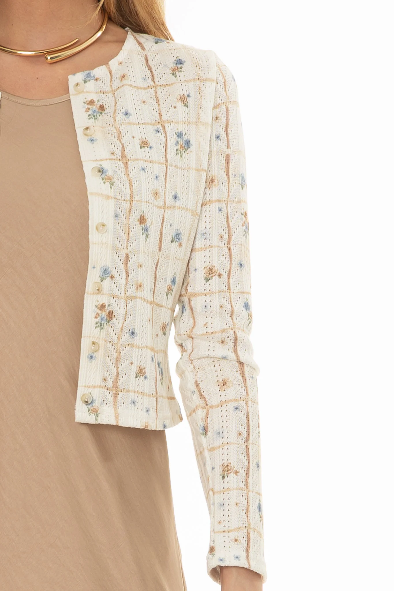 Tan Pointelle Printed Knit Cardigan - Image 2