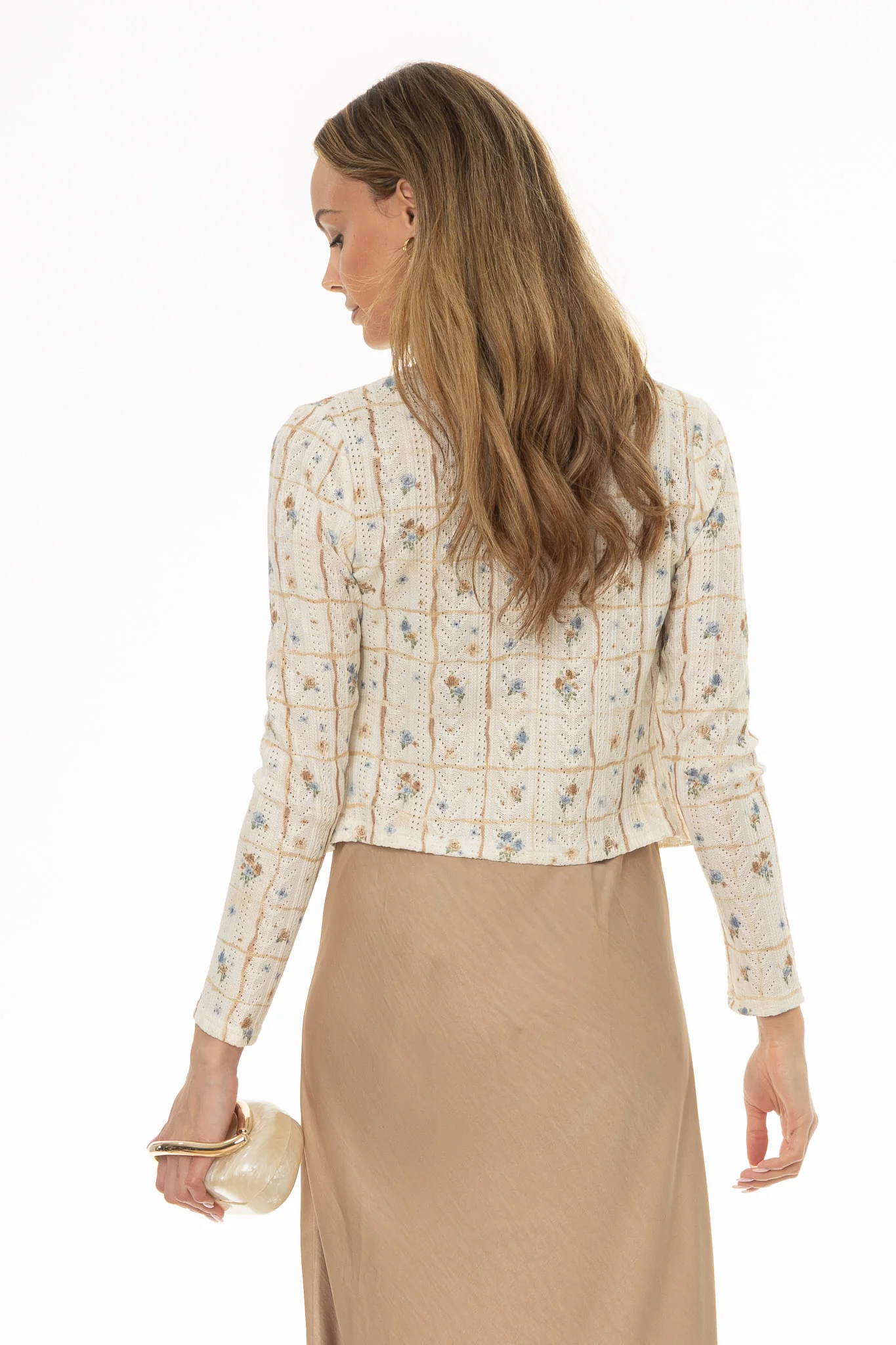 Tan Pointelle Printed Knit Cardigan - Image 4