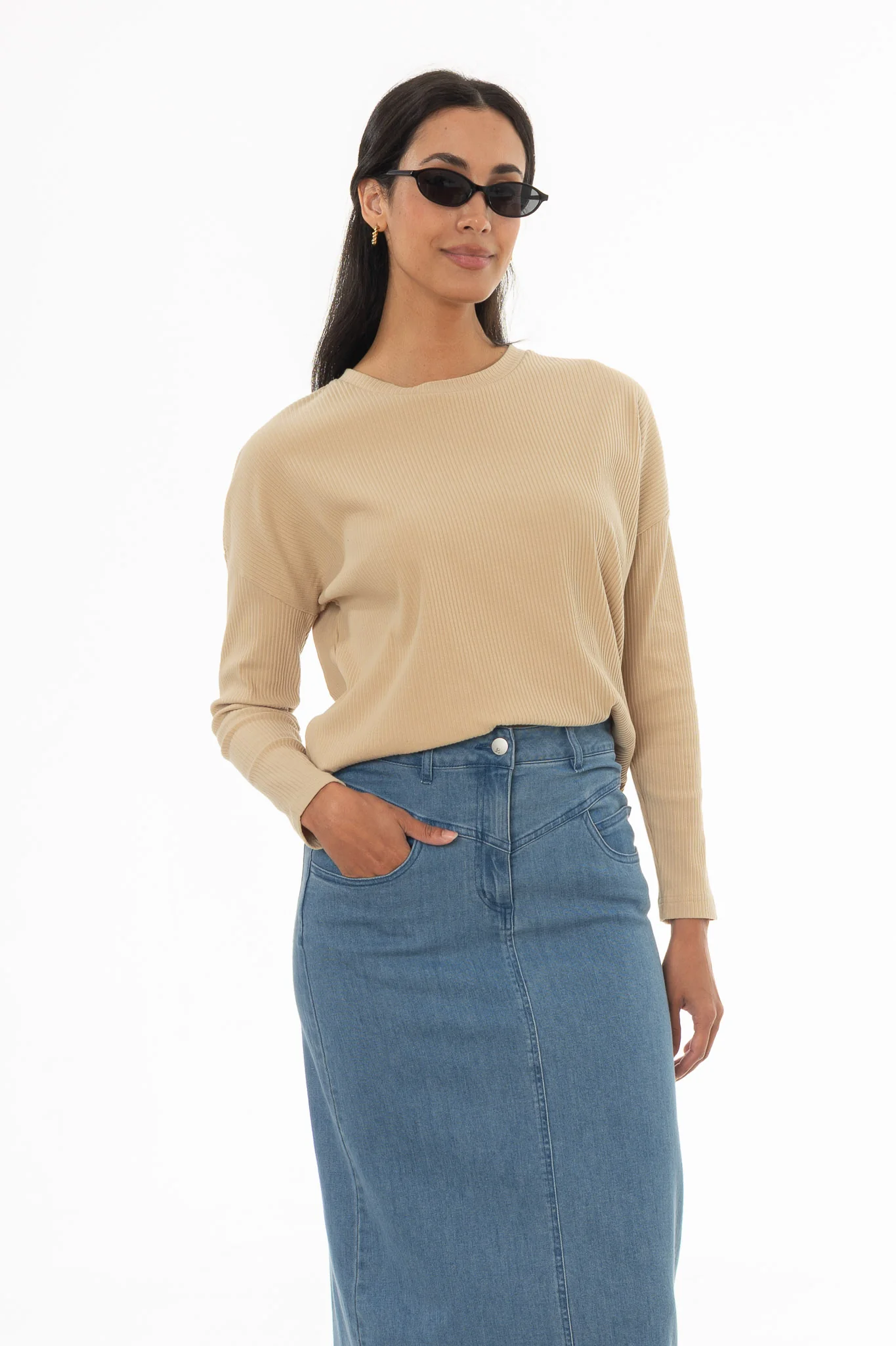 Tan Ribbed Dolman Sleeve T-Shirt - Image 5