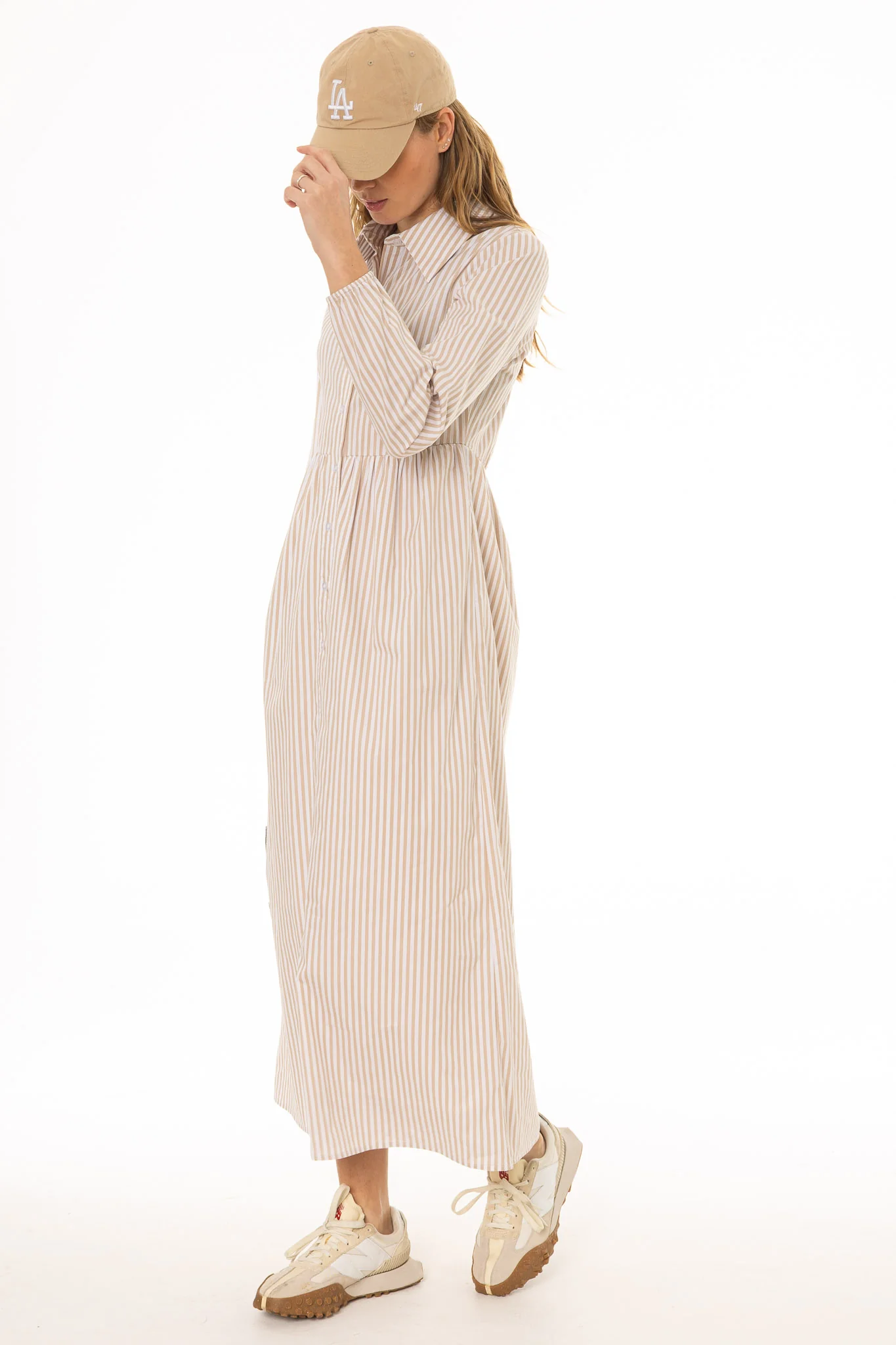 Tan Striped Waisted Maxi Dress