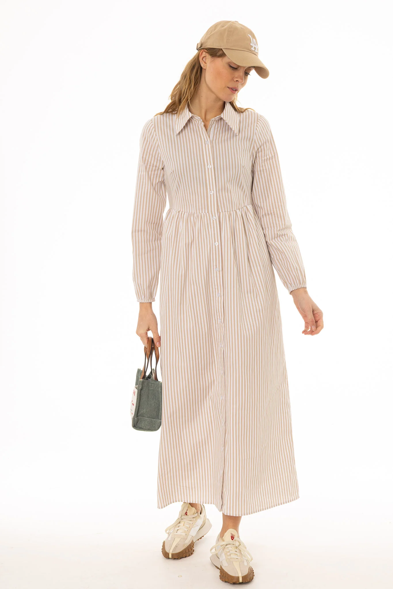 Tan Striped Waisted Maxi Dress - Image 3