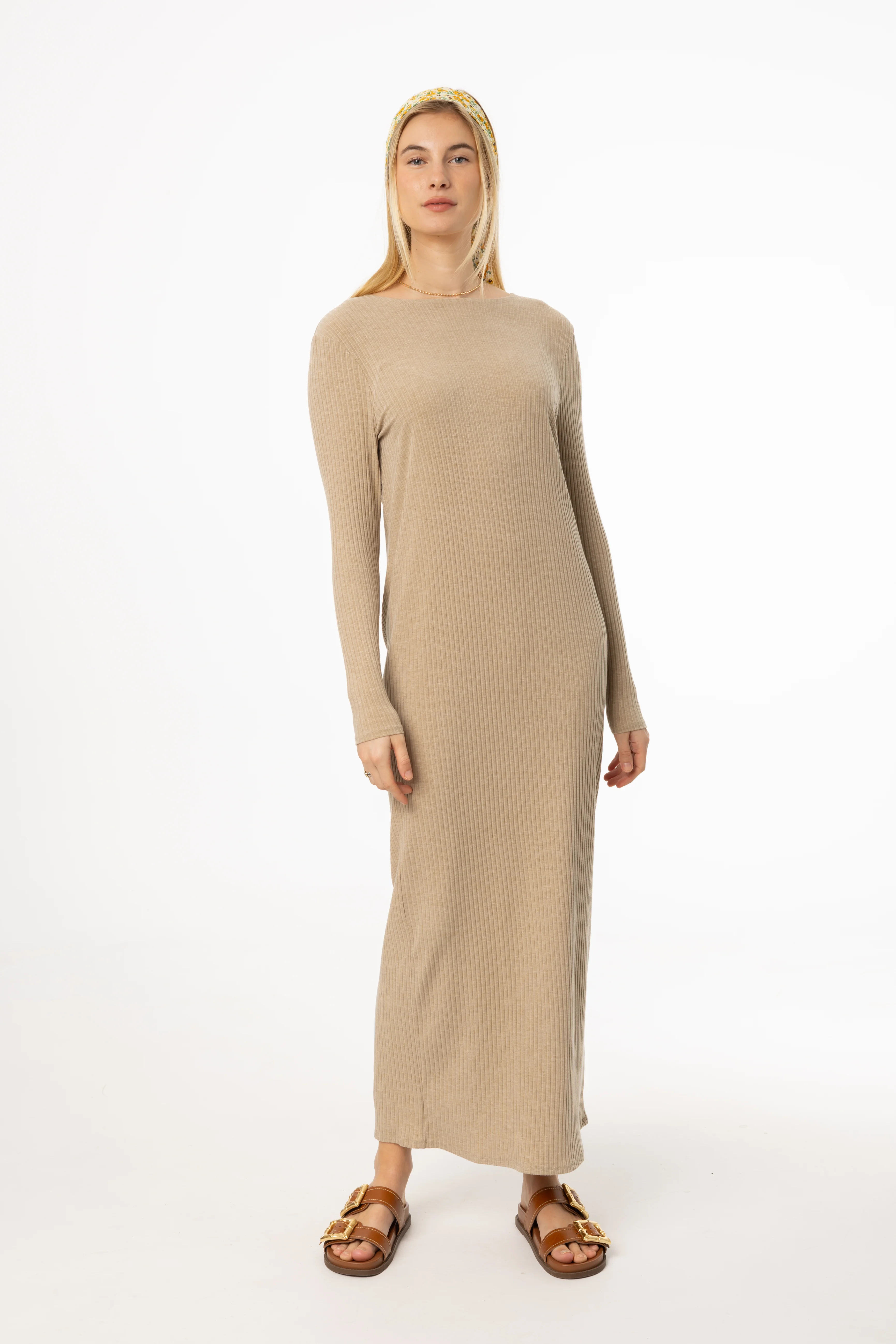 Tan Wide Ribbed Basic Maxi Dress - Image 4