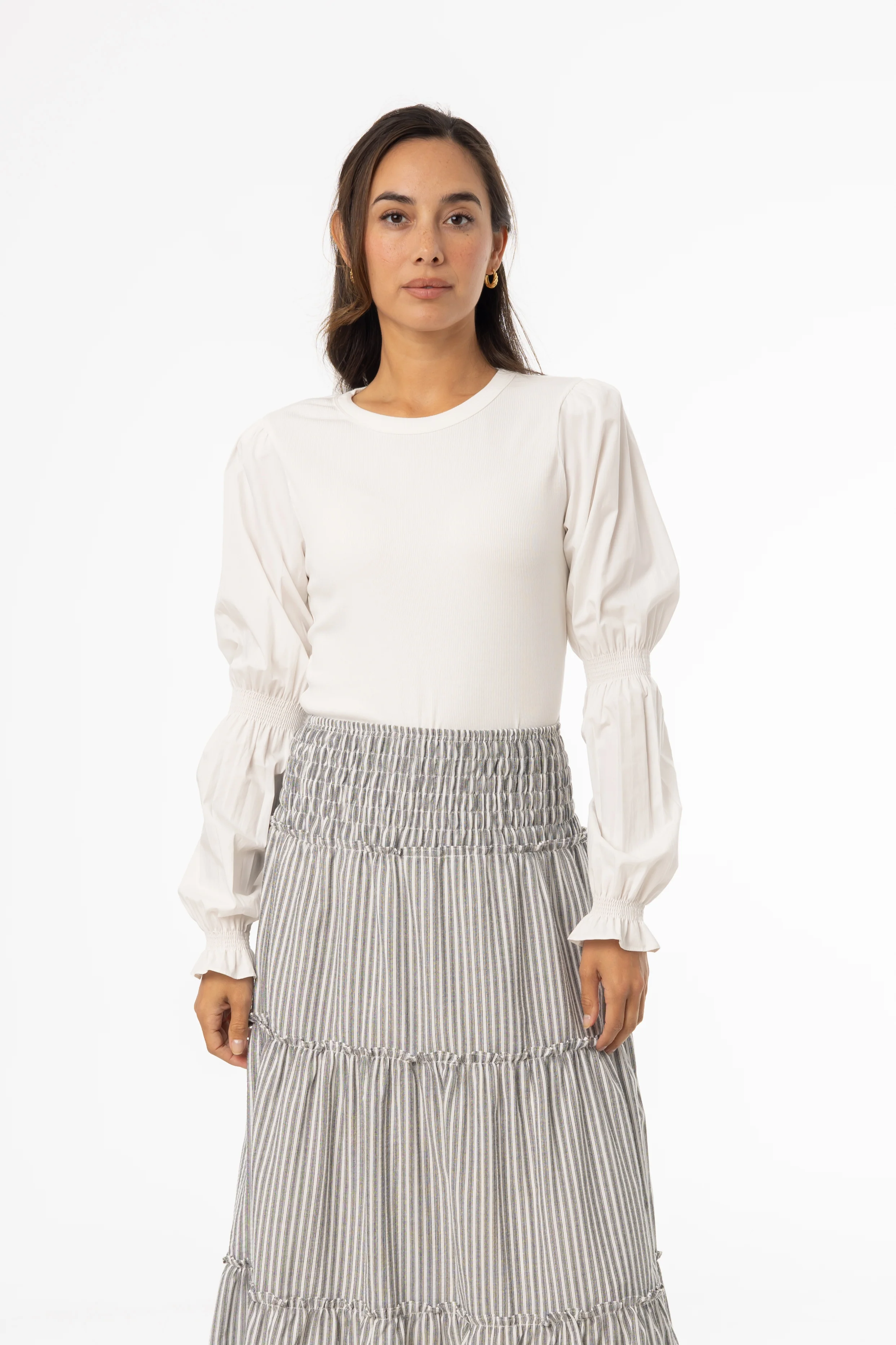 White Combo Gathered Sleeve T-Shirt - Image 4