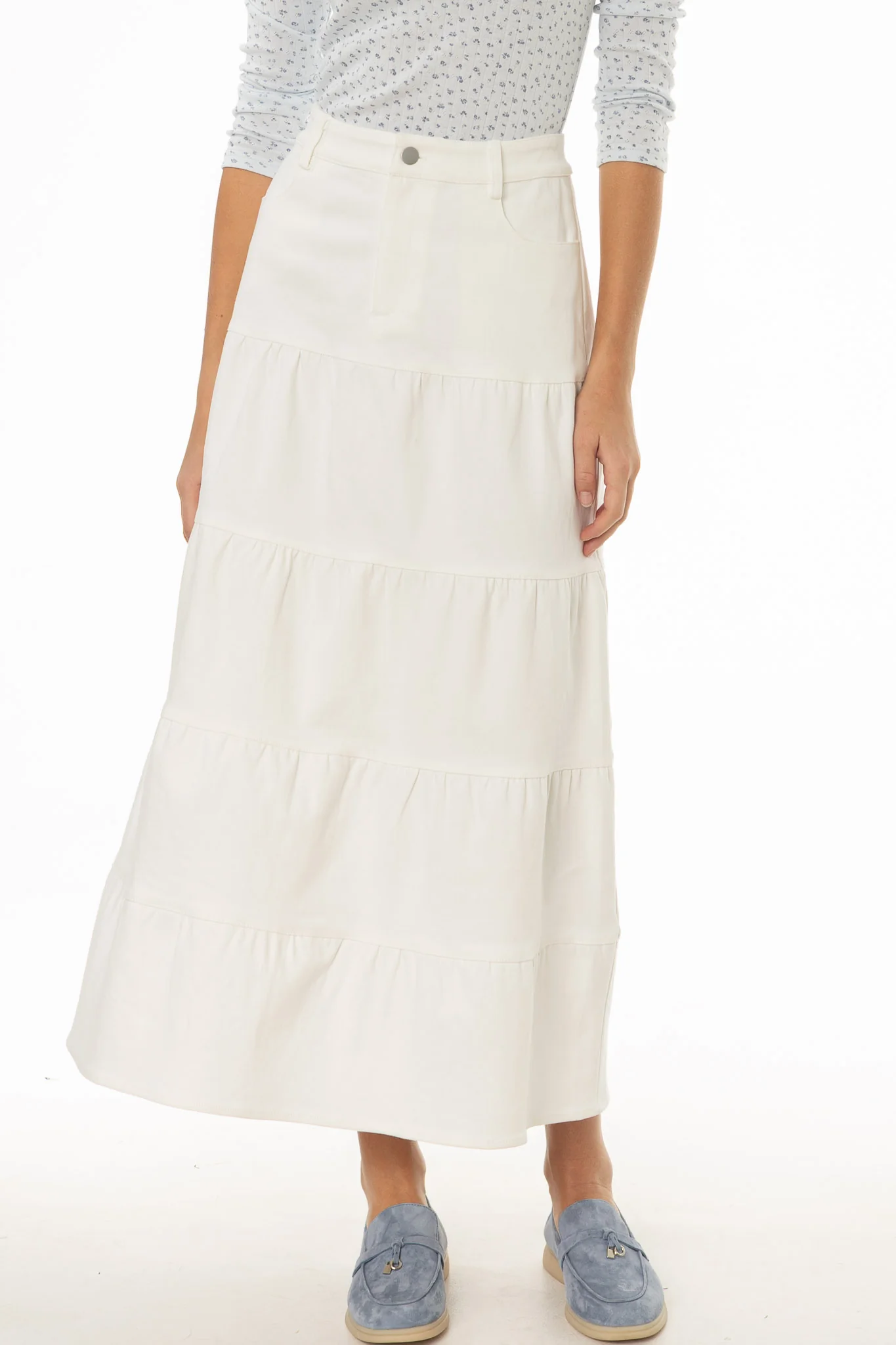 White Tiered Denim Maxi Skirt - Image 2