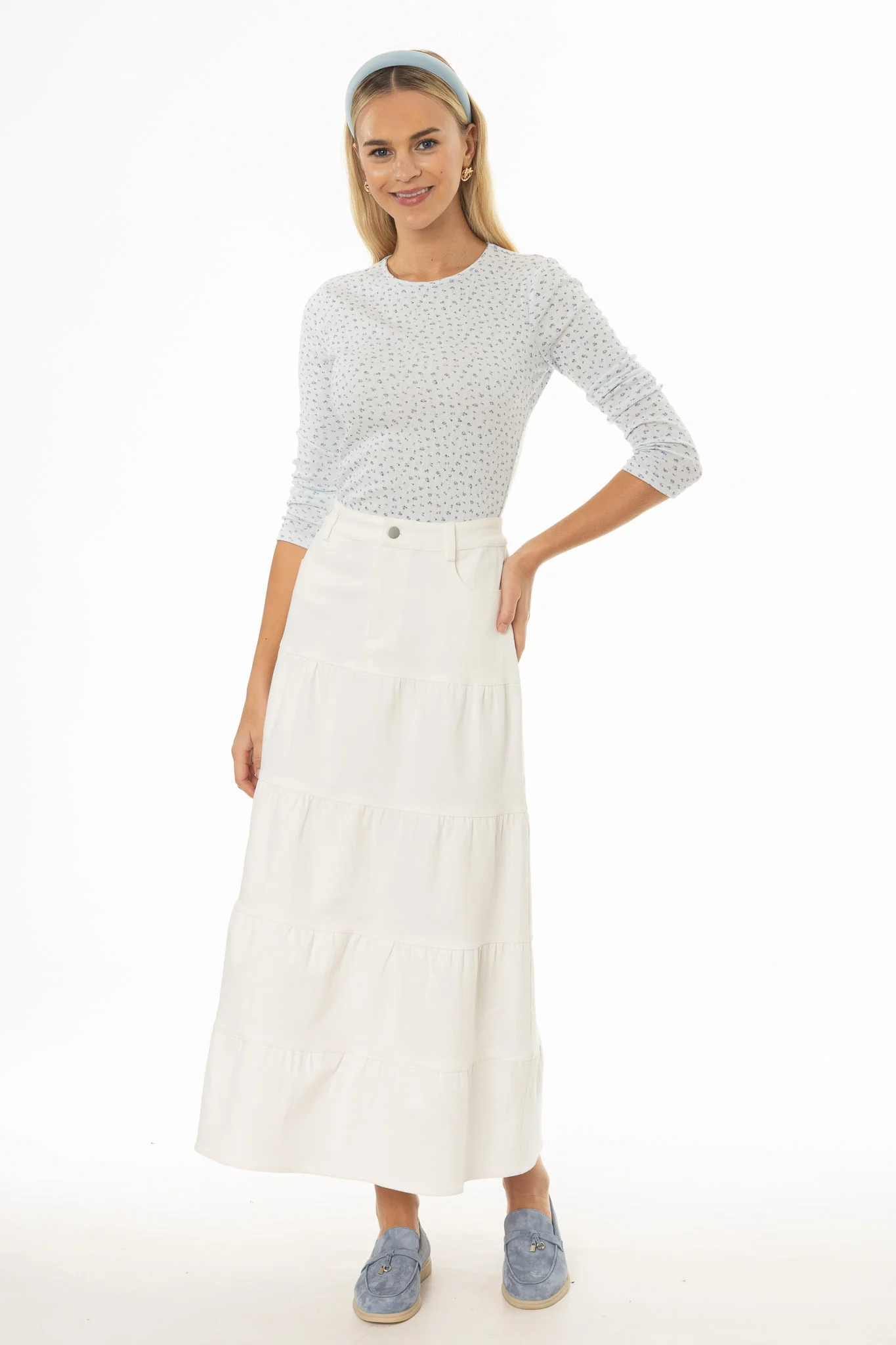 White Tiered Denim Maxi Skirt - Image 5